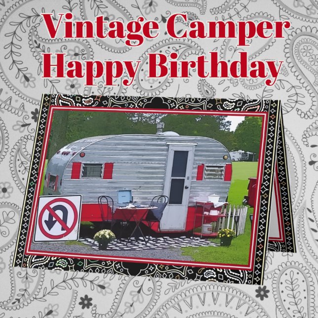 Red Black Vintage Camper Trailer Happy Birthday Card (Creator Uploaded)