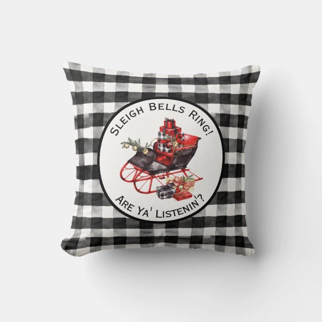 Red Black Vintage Sleigh Buffalo Check Christmas Cushion (Front)