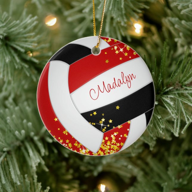 red black volleyball girls name tiny gold stars ceramic ornament (Tree)