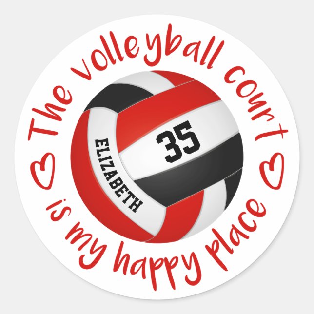 red black volleyball happy place girly typography classic round sticker (Front)
