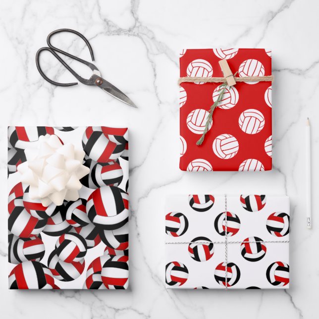 red black volleyballs team celebration birthday wrapping paper sheet (Front)