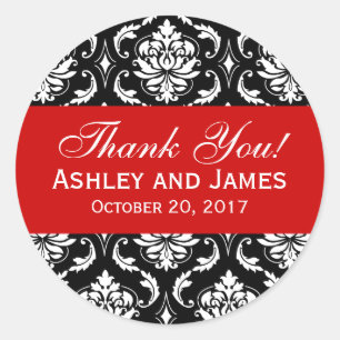 Red, Black Wedding Damask Thank You Label
