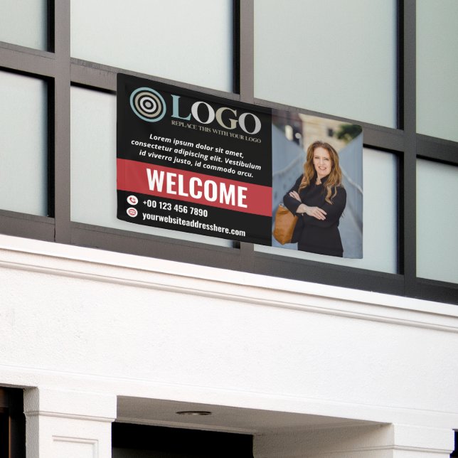 Red Black Welcome Small Business Photo Logo Promo Banner (Outside Building)