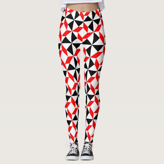 Red Black White abstract geometric pattern Leggings (Front)