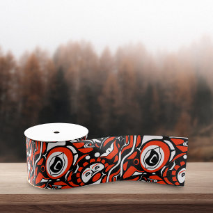 Red Black White Abstract Haida Face Native Art Grosgrain Ribbon