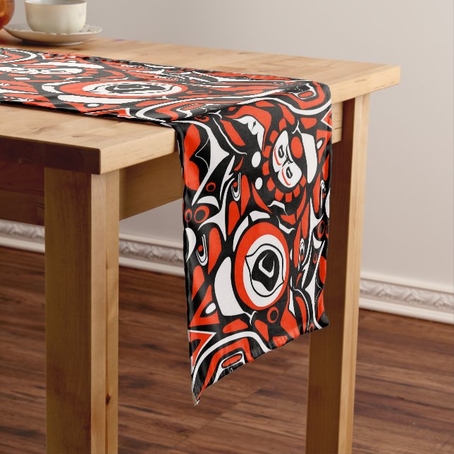 Red Black White Abstract Haida Face Native Art Short Table Runner (In Situ)