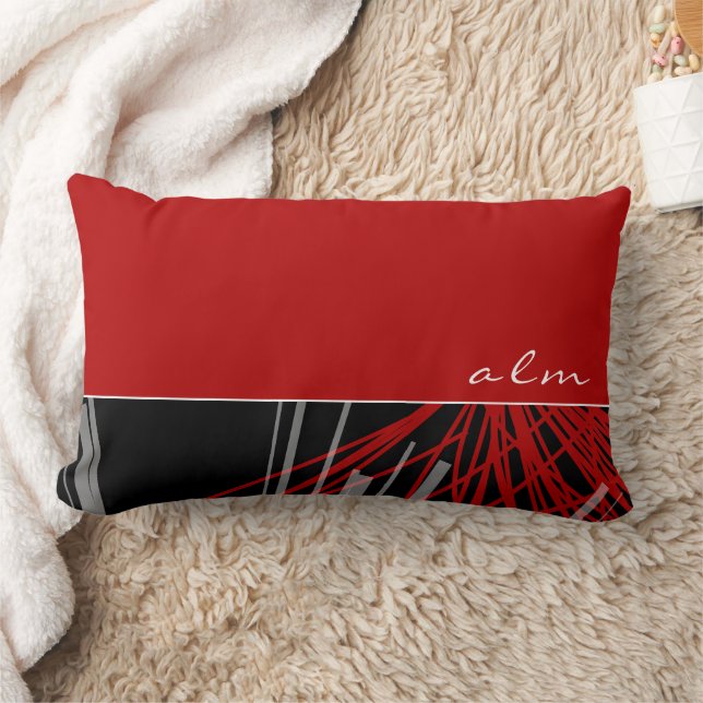 Red Black & White Abstract Ribbons | Monogram Lumbar Cushion (Blanket)