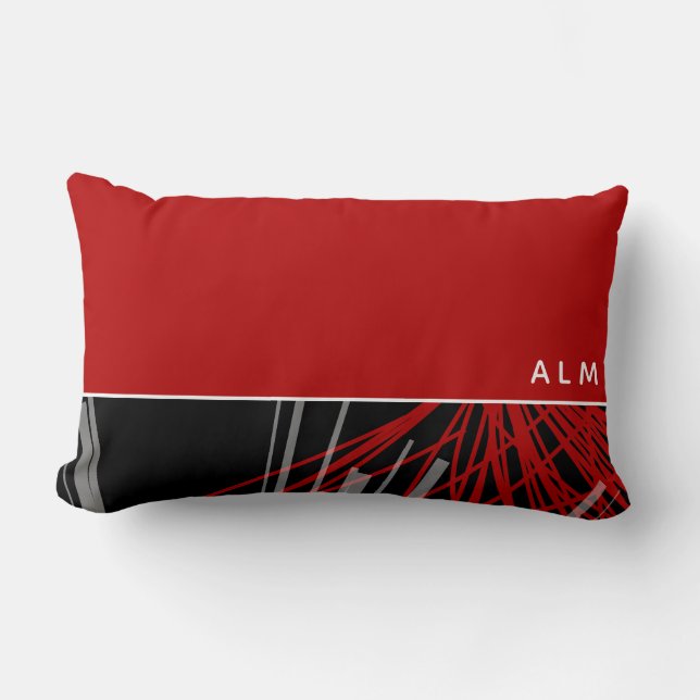 Red Black & White Abstract Ribbons | Monogram Lumbar Cushion (Front)