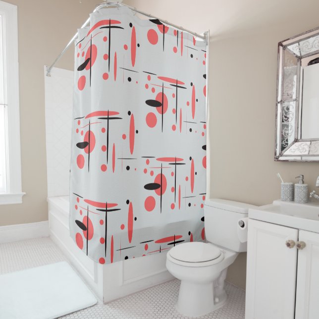 Red, Black & White Abstract Shower Curtain (In Situ)
