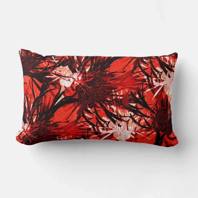 Red Black & White Artistic Abstract Floral Pattern Lumbar Cushion (Front)