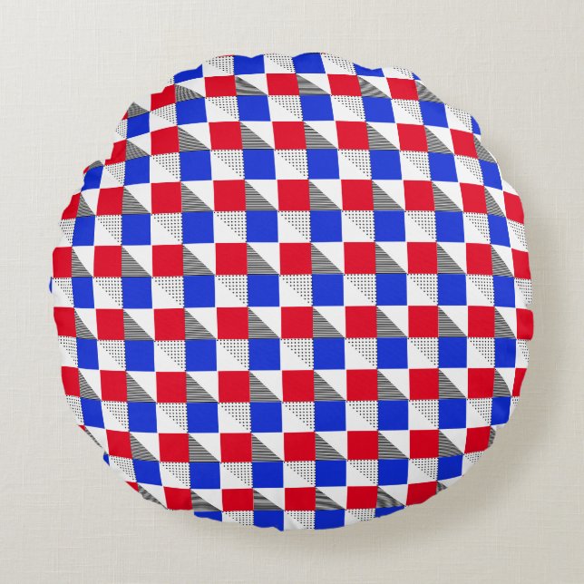 Red black white & blue geometric pattern aesthetic round cushion (Front)