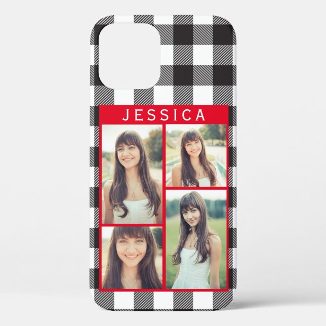 Red Black White Buffalo Plaid Selfie Photo Collage Case-Mate iPhone Case (Back)