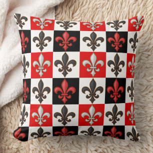 Red Black White Checkered Fleur-de-lis Design  Cushion