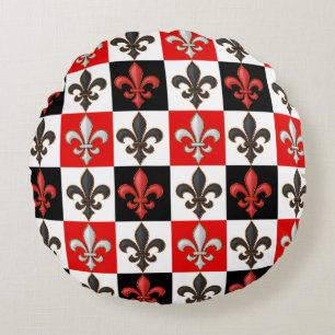 Red Black White Checkered Fleur-de-lis Design  Round Cushion