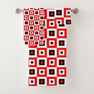 Red Black White Checkered Squares Pattern Design Bath Towel Set