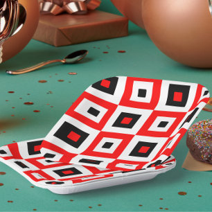 Red Black White Checkered Squares Pattern Design Paper Plate