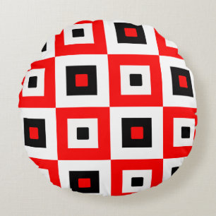 Red Black White Checkered Squares Pattern Design Round Cushion