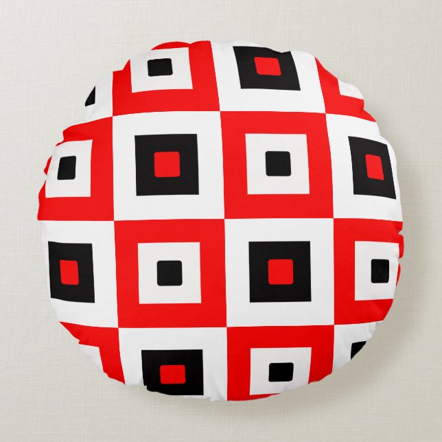 Red Black White Checkered Squares Pattern Design Round Cushion (Front)