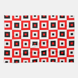 Red Black White Checkered Squares Pattern Design Tea Towel
