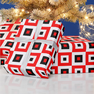 Red Black White Checkered Squares Pattern Design Wrapping Paper