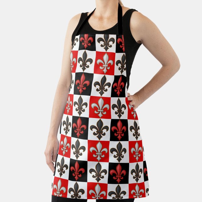 Red Black White Chequered Fleur-de-lis Design  Apron (Creator Uploaded)