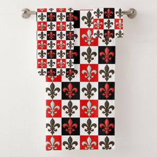 Red Black White Chequered Fleur-de-lis Design Bath Towel Set