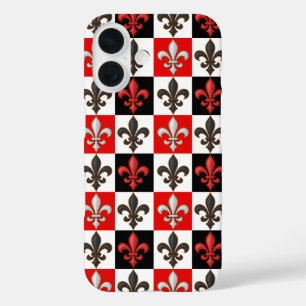 Red Black White Chequered Fleur-de-lis Design iPhone 16 Case