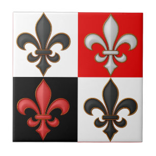 Red Black White Chequered Fleur-de-lis Design Ceramic Tile