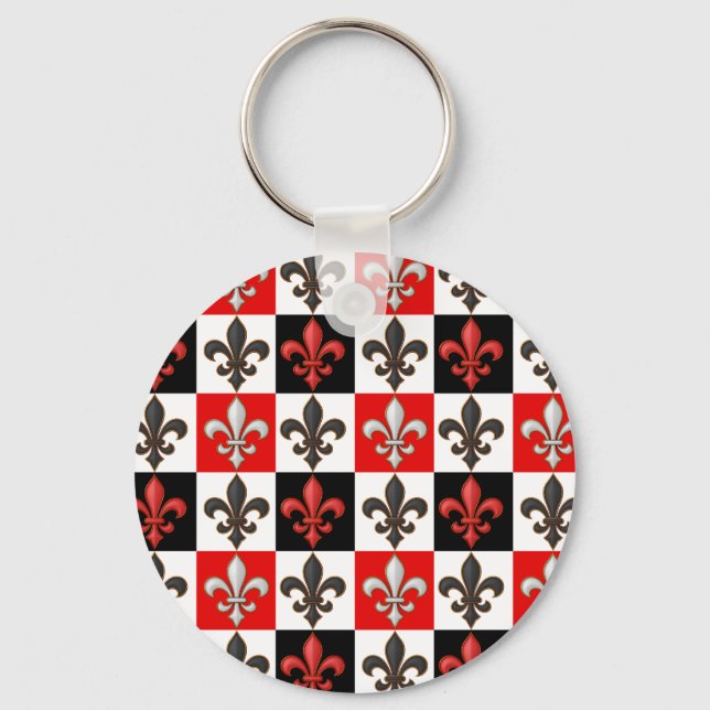 Red Black White Chequered Fleur-de-lis Design  Key Ring (Front)