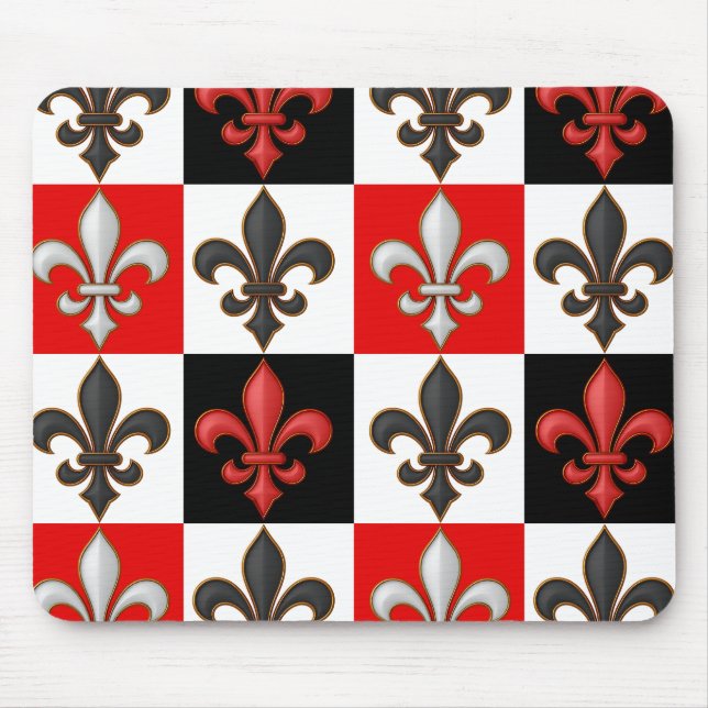 Red Black White Chequered Fleur-de-lis Design  Mouse Pad (Front)
