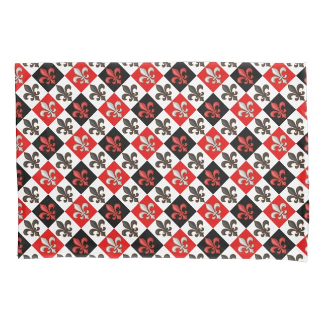 Red Black White Chequered Fleur-de-lis Design  Pillowcase (Front)