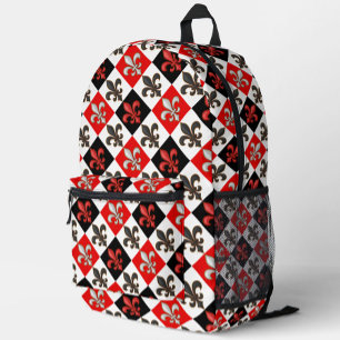 Red Black White Chequered Fleur-de-lis Design Printed Backpack