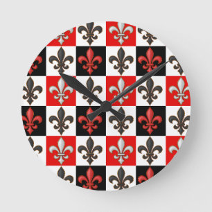 Red Black White Chequered Fleur-de-lis Design  Round Clock