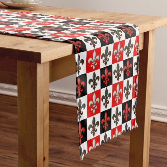 Red Black White Chequered Fleur-de-lis Design  Short Table Runner (Creator Uploaded)