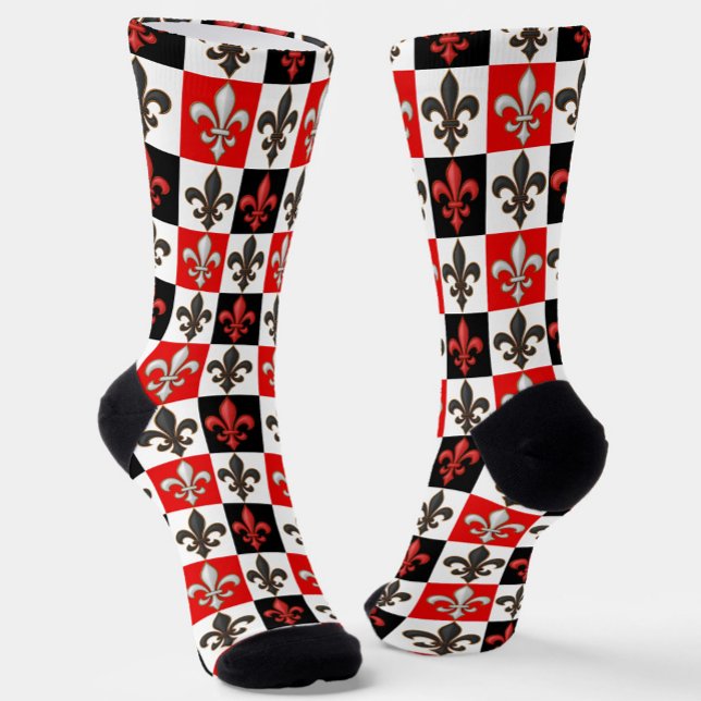Red Black White Chequered Fleur-de-lis Design  Socks (Creator Uploaded)