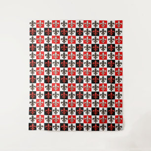 Red Black White Chequered Fleur-de-lis Design Tapestry