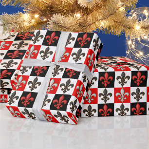 Red Black White Chequered Fleur-de-lis Design  Wrapping Paper