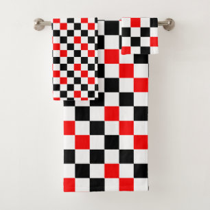 Red Black White Chequered Pattern Design Bath Towel Set