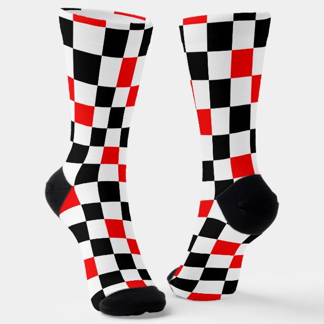 Red Black White Chequered Pattern Design  Socks (Angled)