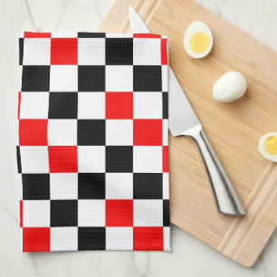 Red Black White Chequered Pattern Design Tea Towel