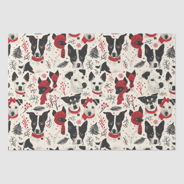 Red Black White Christmas Dogs Theme Pattern Tissue Paper (Front)