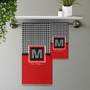 Red Black White Ⓜ Classic Houndstooth Monogram Bath Towel Set