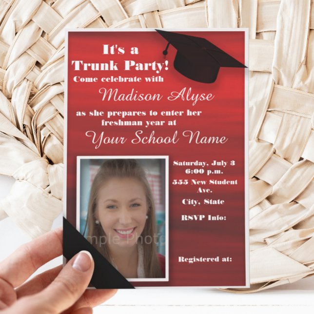 Red Black White College Trunk Party Dorm Shower Invitation (Red and black graduation trunk party photo invitation)