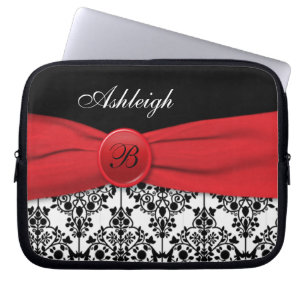Red, Black, White Damask FAUX Ribbon Laptop Sleeve