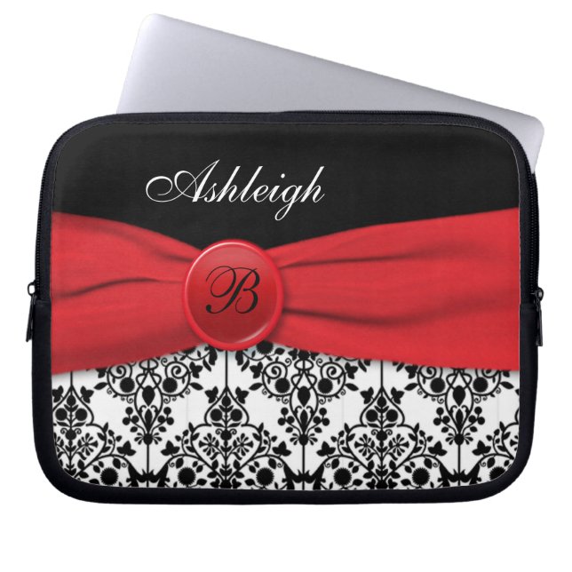 Red, Black, White Damask FAUX Ribbon Laptop Sleeve (Front)