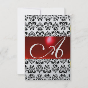 RED BLACK WHITE DAMASK GEM MONOGRAM rsvp silver Card