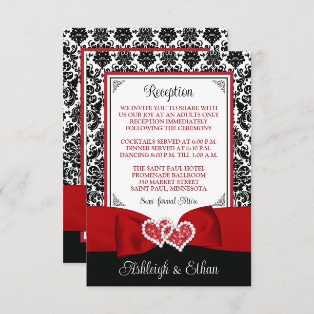 Red, Black, White Damask, Love Hearts Enclosure RSVP Card (Front/Back)