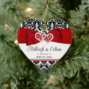 Red, Black, White Damask Love Hearts Wedding Ceramic Ornament