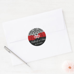 Red, Black, White Damask Love Hearts Wedding Classic Round Sticker