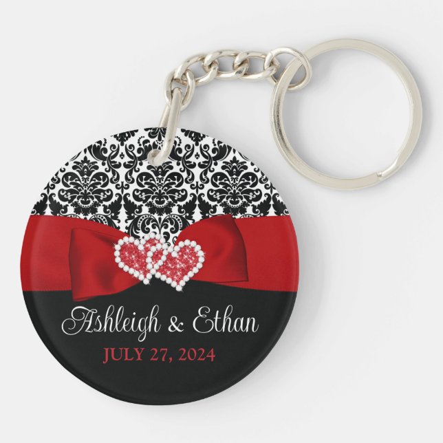 Red, Black, White Damask Love Hearts Wedding Key Ring (Back)
